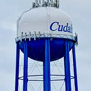 a blue and white water tower