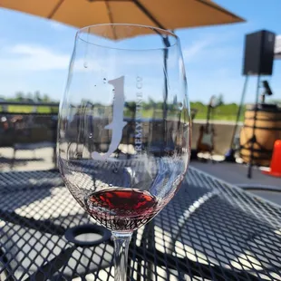 Wine glass, wine, and nice scenery!