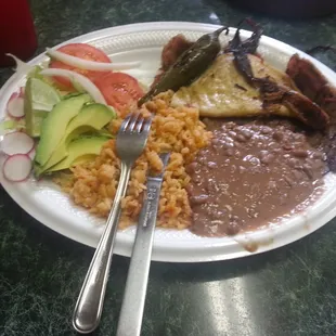 Carne Asada, with rice, beans, salad with avocado, fried green onion, jalapeño and tortilla.