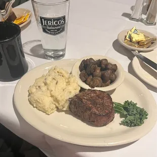Filet Mignon with Side of Sauteed Mushrooms and Garlic Mashed Potatoes