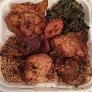 Plantains, collard greens, rice and peas, jerk chicken.