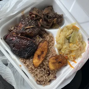 Jerk Chicken Cabbage rice and peas Plantains