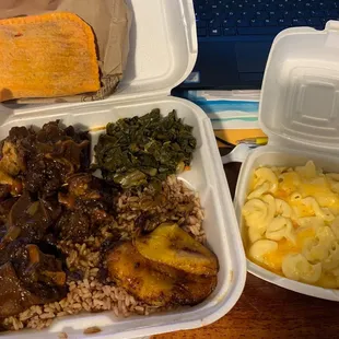 Oxtails, rice &amp; peas, Mac and Cheese, Collard Greens, Beef Patty