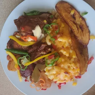 Brown Stew Chicken, Mac&amp;Cheese, Plantains