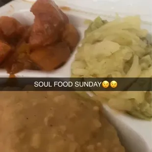 Cabbage, Yams, Smothered Porkchops