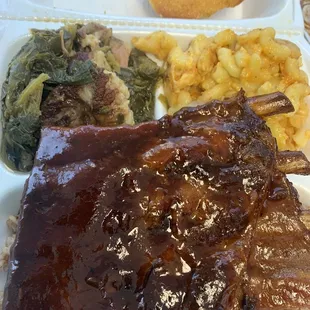 Jerk BBQ Ribs with a Side of Greens, Baked Mac N Cheese and Cornbread!  Absolutely Delicious!!!