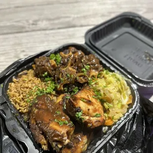 One Love Platter (Oxtail, Jerk Chicken, Rice and Cabbage)