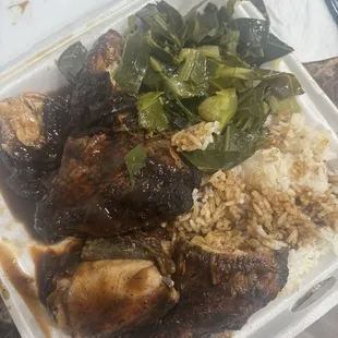 Not a spec of seasoning, garlic... nothing! $18 of blank greens, old hard rice &amp; dry chicken... they will never get a cent from me