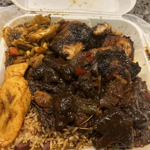 Oxtail, Jerk Chicken, Rice &amp; peas, Cabbage