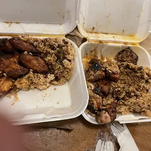 Jerk chicken with rice and peas and one with plantains