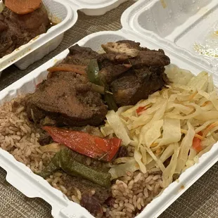 meat and rice in a styrofoam container