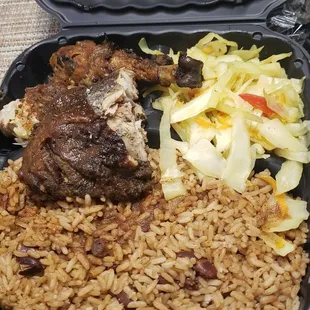 Jerk chicken with rice & pea with simple veg side