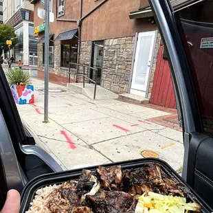 Jerk Chicken Rice and Peas and Cabbage Platter