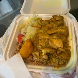 Curry chicken with rice &amp; peas and Steamed Cabbage