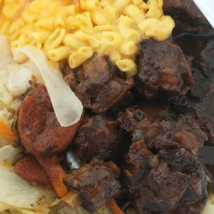 Oxtail Stew,  Steamed Cabbage and Baked Mac and Cheese