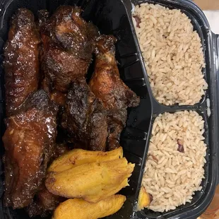 Jerk wing dinner with plaintains
