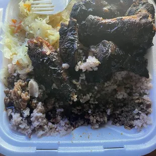 Jerk Wings, rice&amp;peas, cabbage, plantains