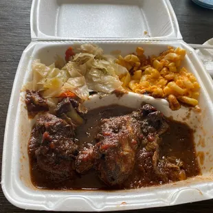 Jerk chicken, Cabbage, Macaroni and Cheese