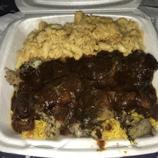 Jerk chicken with yellow rice and double mac