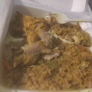 curry chicken from the restaurant jerk sauce.The rice was mushy did not taste good at all first and last time there so disappointed