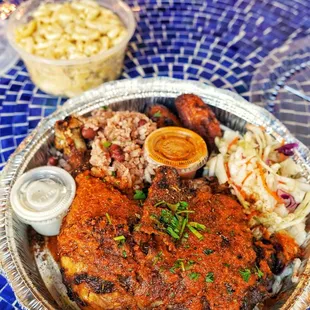 Jerk fried chicken with jerk mac and cheese