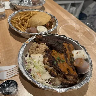 Jerk Chicken Plate ($20), Soft Shell Crab Sandwich ($22), Burrito ($15)