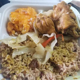 Peas and Rice, Curry Chicken, Macaroni Pie, and Steamed Cabbage