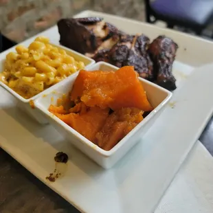 Half Mix Jerk Chicken Candy Yams Mac and Cheese