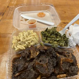 Oxtail, Mac and cheese, callaloo greens