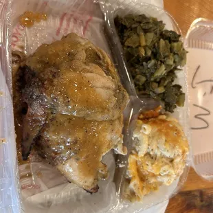 Jerk chicken, greens and macaroni and cheese
