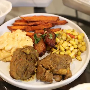 Curry Chicken, Jerky Veggie Stir-Fry, Jerky Curry Potatoes, Corn &amp; Peppers, Plantains, Sweet potato fries, Mac N Cheese!