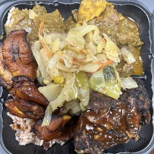 a meal in a styrofoam container