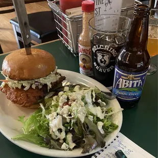 DJ Spicy Fried Chicken Sandwich, side salad with blue cheese dressing