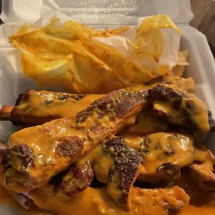 Thin pieces rib dinner with sweet tangy bbq sauce