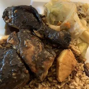 Jerk Chicken w/ Rice and peas and Cabbage