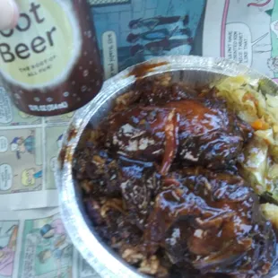 Brown chicken, rice &amp; peas, and stewed cabbage