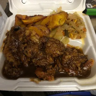 Jerk Shrimp with fried plantains and cabbage