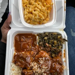 Ox tails, white rice, collard greens and mac &amp; cheese