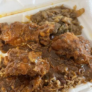 a meal in a styrofoam container