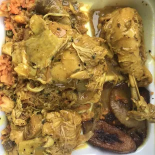 Curry Chicken, yellow rice, fried sweet plantain