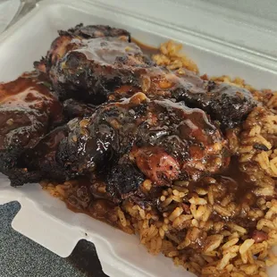 Jerk chicken with red beans and rice