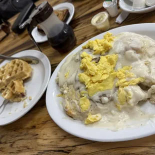 Biscuits and Gravy. I also ordered a side Bacon Waffle!! Yum!!