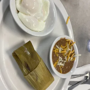 Tamale, eggs, beans