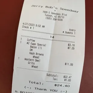 the receipt for the restaurant