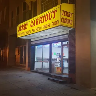 a storefront at night