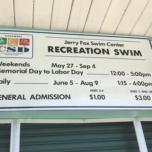 Jerry Fox Swim Center hours of operation and price