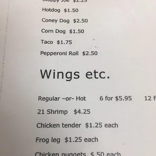 a menu for wings etc