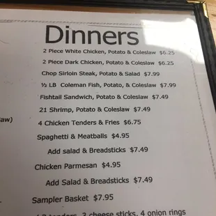 a menu for dinner