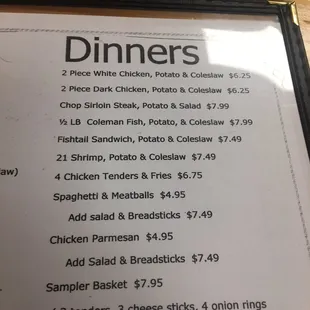 a menu for dinner