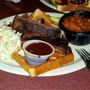 Rib Dinner with slaw and beans. Yum!